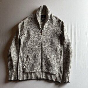 Roots Mens Medium Knitted Salt Pepper Shawl Chunky Cardigan‎ Sweater Full Zipper
